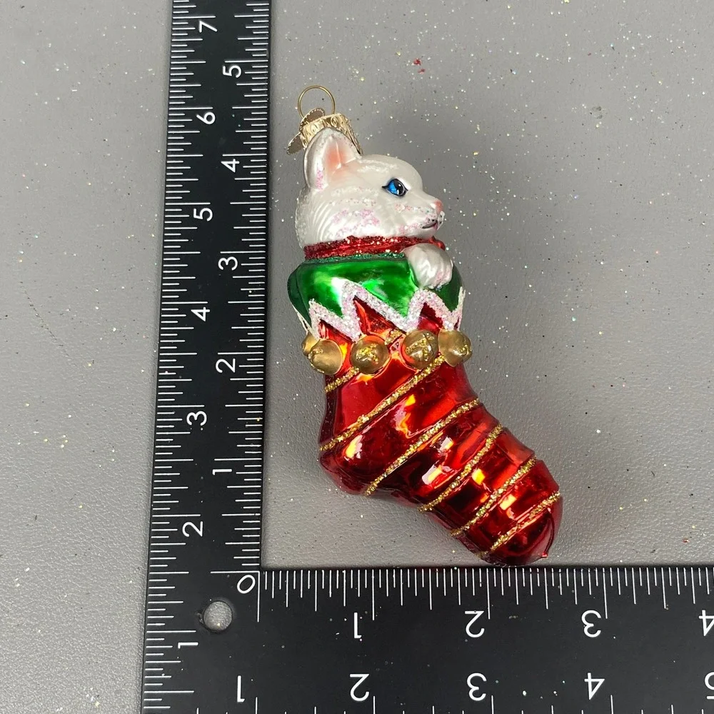 Old World Christmas Kitten in Stocking Glass Ornament White Cat Red 12154